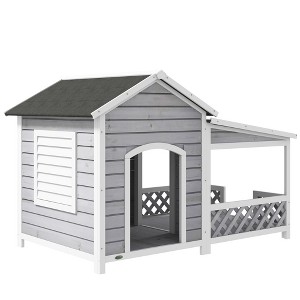 PawHut Wooden Dog House Outdoor with Porch, Raised Dog Shelter with Asphalt Roof, Doors and Shutter Window, for Medium Large Sized Dog, Light Gray - 1 of 4