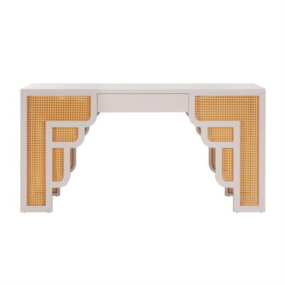 Cream and Rattan Executive Desk with Soft Close Drawer