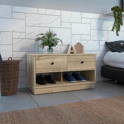 Vynxaria Hamilton Storage Bench, Two Open Shelves, Two Drawers -Light Oak
