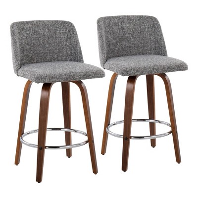 Fabric Upholstered Mid-Century Modern Counter Stool with Swivel and Bent Wood Legs with Metal Footrest for Kitchen Island or Home Bar, Set of 2