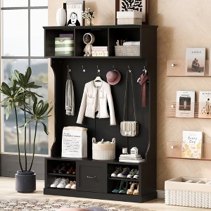 TIRAMISUBEST 57'' Hall Tree with 6 Hooks, Coat Hanger, Entryway Bench, 3-in-1 Design, A Spacious Drawer for Entrance,Living Room - 1 of 4