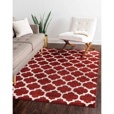 Red and White Synthetic Trellis Rectangular Area Rug