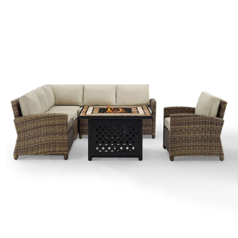 Photos - Garden Furniture Crosley Bradenton 5pc Outdoor Wicker Sectional Set with Fire Table - Sand 
