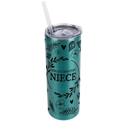 Elanze Designs Floral Turquoise Blue 20 Ounce Double Wall Stainless Steel Glitter Travel Tumbler With Sliding Lid And Straw, World's Greatest Niece