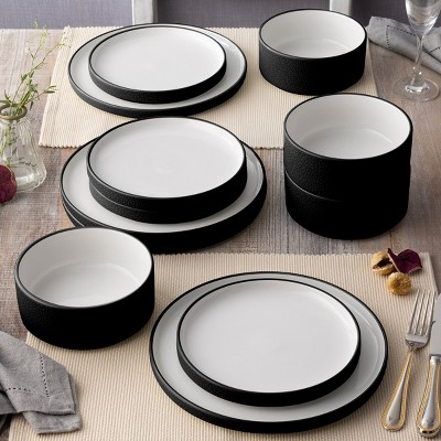 Black and White Porcelain 12-Piece Dinnerware Set, Service for 4