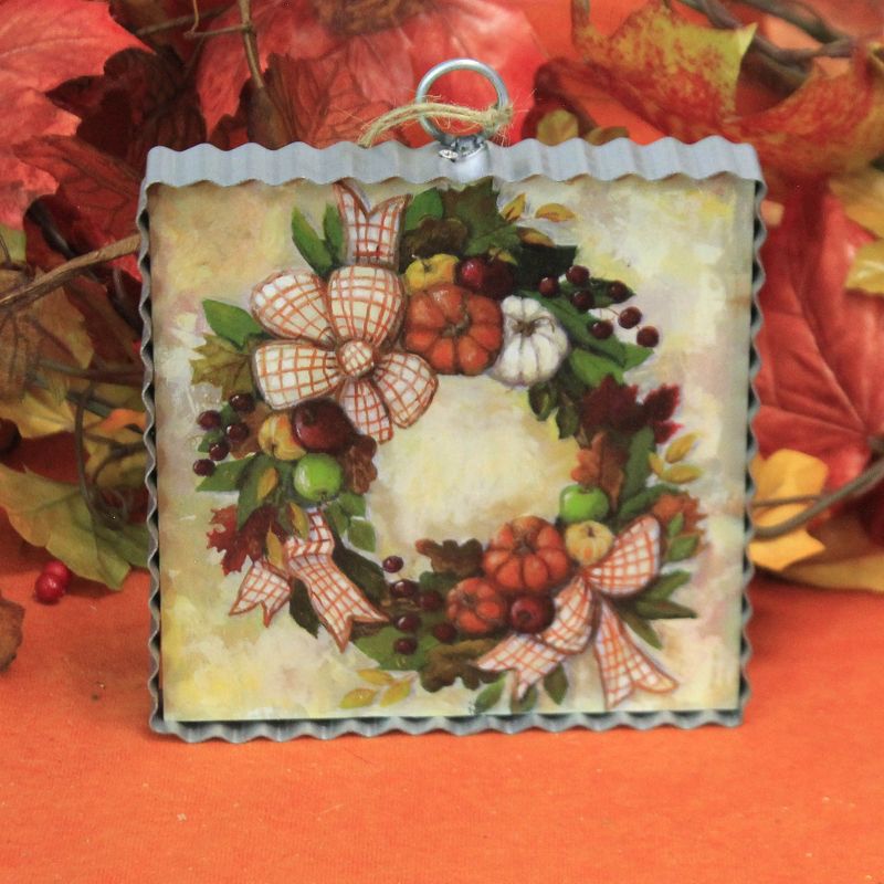 Thanksgiving Mini Harvest Wreath Print  -  One Plaque 7.0 Inches -  Pumpkins Fruit Berries  -  F20092  -  Wood  -  Brown, 3 of 4