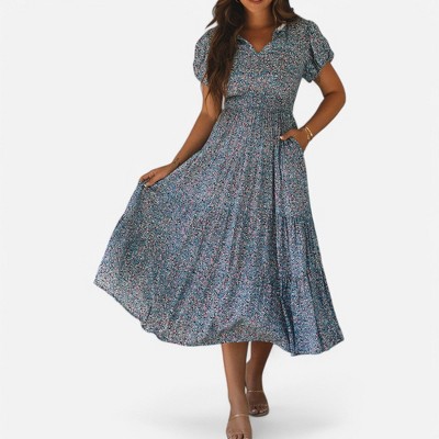 Amaryllis Women's Smocked Waist Maxi Dress Short Puff Sleeves V-Neck Floral Print Tiered Skirt Flowy Casual Dress
