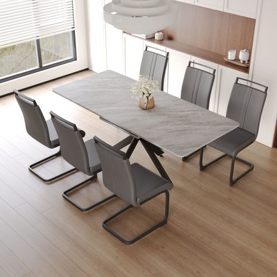NicBex 62.4"-78.15" Dining Table Set for 6 Modern Extendable Dining Table with Metal Base with 6 Upholstered Chairs
