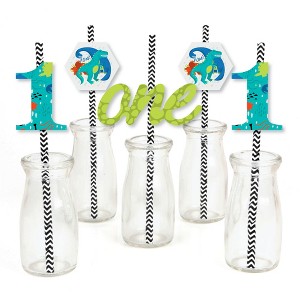 Big Dot of Happiness 1st Birthday Roar Dinosaur - Paper Straw Decor - ONEasaurus Dino First Birthday Party Striped Decorative Straws - Set of 24 - 1 of 4