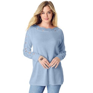 Roaman's Women's Plus Size Pointelle Sleeve Pullover - 1 of 4