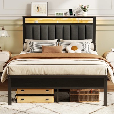 Furnulem Bed Frame with Charging Station and LED Lights, Platform Bed with Grey Upholstered Headboard with Storage Shelves, No Box Spring Needed