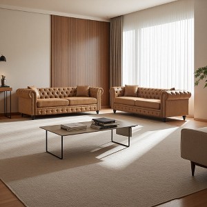 126" Tech Fabric Chesterfield 3+3 Seater Sofa Set with Rolled Arms & 4 Cushions - 1 of 4