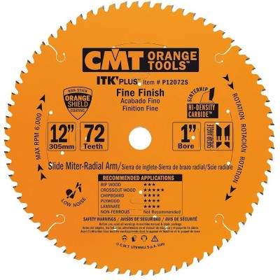 CMT USA P12072S ITK Plus 12 Inch Fine Finish Metal Carbide Blade with 72 Teeth and 1 Inch Bore for Wood and Laminate Cross Cuts on Compound Miter Saw