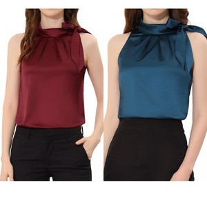INSPIRE CHIC Women's Elegant Satin Sleeveless Bow Tie Mock Neck Solid Work Blouse 2 Packs - 1 of 4
