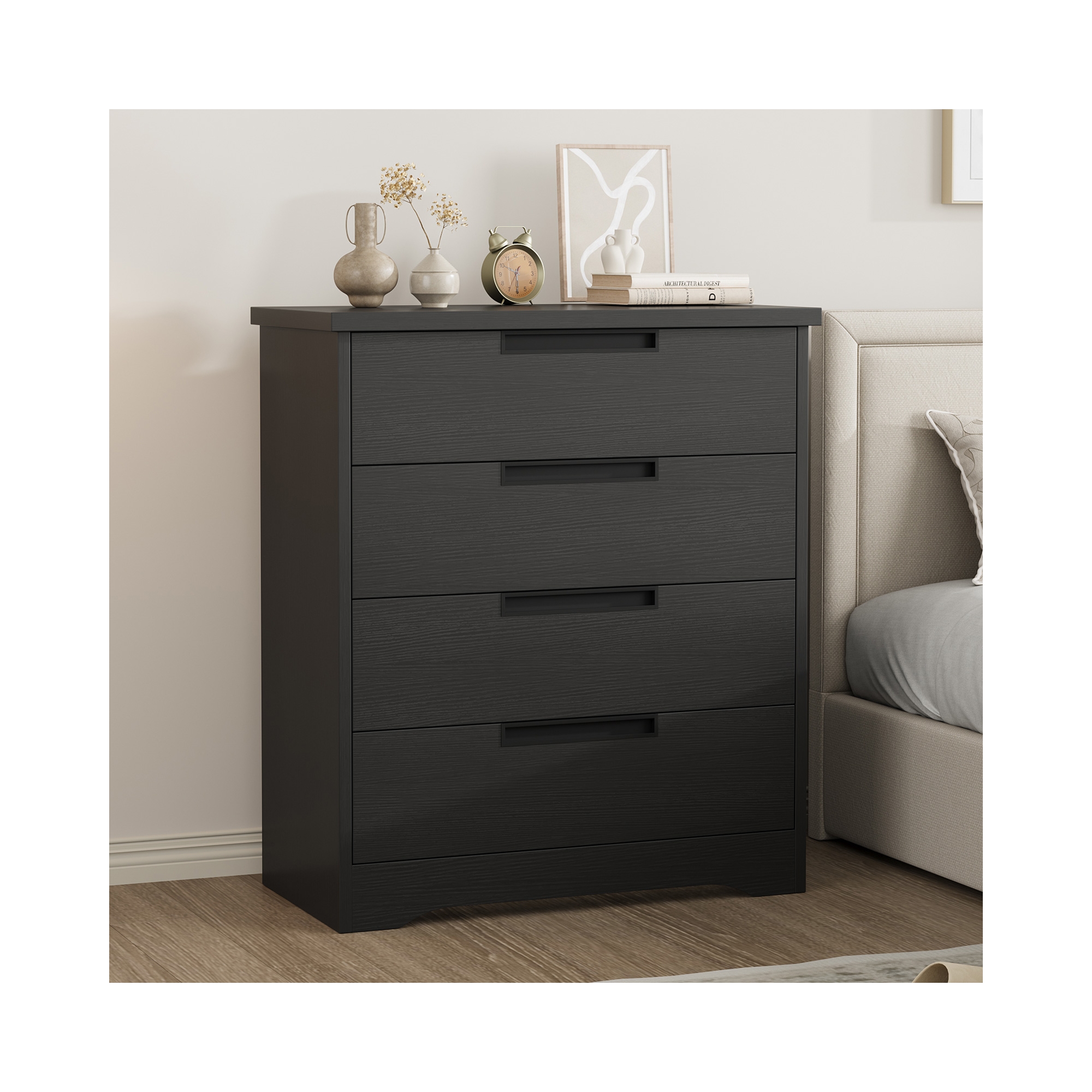 4 Drawer Dresser for Bedroom, Black Chest of Drawer Nightstand with Embedded Handles, Wooden Dresser Organizer for Living Room Nursery Entryway Closet