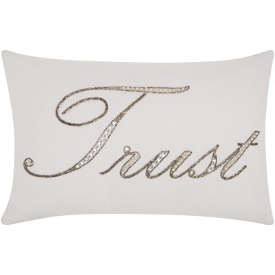 Kathy Ireland Beaded "Trust" White Throw Pillow Cover Only - 12" x 18"