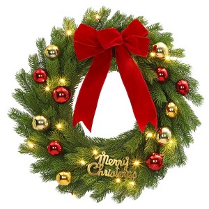24 In Christmas Wreath,Pre-Lit LED Lights Christmas Decor with Red Bow & Balls, Artificial Pine Greenery Wreath for Home Fireplace Wall Window - 1 of 4
