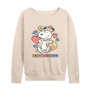 Women's - Peanuts - Peace Love Dogs Lightweight French Terry Wide Neck Long Sleeve Shirt - 1 of 4