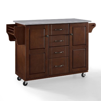 Eleanor Stainless Steel Top Kitchen Cart Mahogany/Stainless Steel - Crosley: 2 Cabinets, Spice Rack, 4 Drawers
