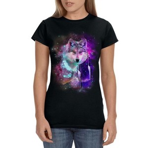 Dreamcatcher Wolf Space Fantasy Womens Shirt Black Galaxy Universe Tee Black - 1 of 3