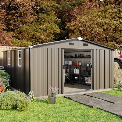 Heavy-Duty 10x12FT Metal Outdoor Storage Shed with Protective Film, Sunlit Windows & Waterproof Steel Panels - Coolbibila