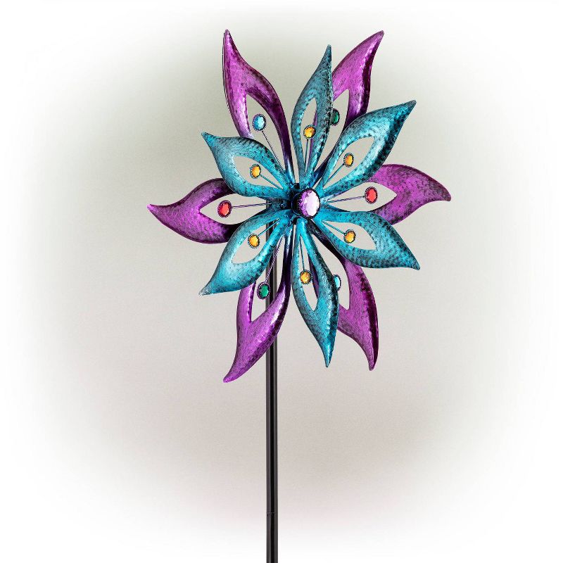 64&#34; Jeweled Colorful Metal Dual Floral Wind Spinner Garden Stake Aqua/Purple - Alpine Corporation, 5 of 8