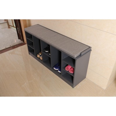 Gray Wooden Shoe Cubicle Storage Entryway Bench with Cushion