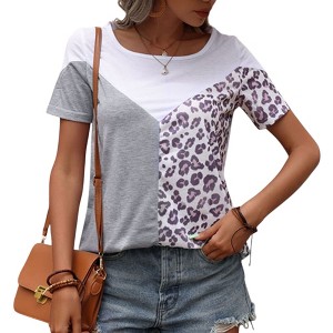 Anna-Kaci Women's Short Sleeve Color Block Leopard Print Patchwork Casual T-Shirt - 1 of 4