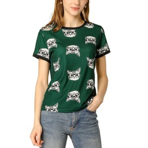 Allegra K Women's Cat Contrast Cartoon Print Tee Casual Summer T-Shirt - 1 of 4