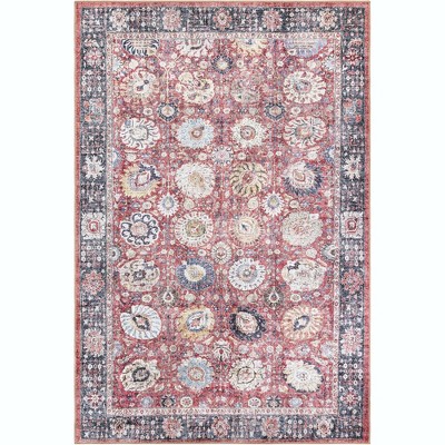 Vintage Red Chenille Floral Rectangular Area Rug 6' x 9'