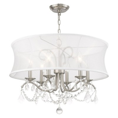 Elegance and Glamour 24" Brushed Nickel Crystal Chandelier with Silk Shimmer Shade