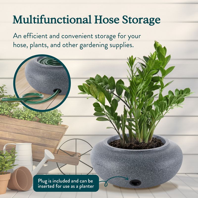 HC Companies Versatile 21 Inch Round Natural Decorative Plastic Outdoor Garden Hose Storage Pot with Side Hole for Faucet Connection, 3 of 7