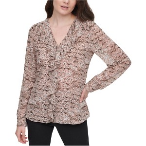 Calvin Klein Womens AubergineBlush Floral Ruffled Blouse - 1 of 1