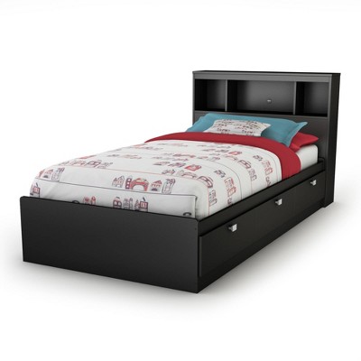 Bookcase Headboard Set Pure Black, Queen Storage Bed Frame With Bookcase Headboard