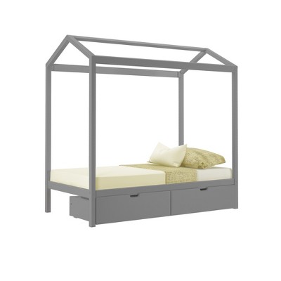 Gray Twin Pine Wood Canopy Bed with Storage Drawers