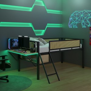 APRILSOUL Single metal loft bed with rectangular desk, LED lights,  safety guard and ladder, no box springs required - 1 of 4
