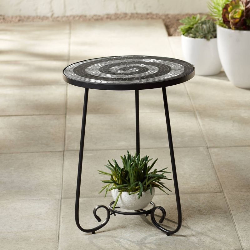 Teal Island Designs Modern Black Round Outdoor Accent Side Table 17 3/4" Wide Black White Tile Mosaic Tabletop Front Porch Patio Home House, 2 of 9