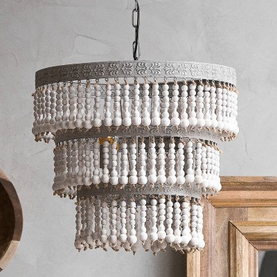 Antique White 3-Tier Beaded Chandelier with Metal Frame