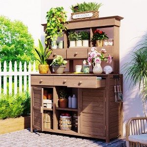 Whisen Garden Potting Bench with Hutch, 3 Shelves, 6 Drawers & 2 Cabinets, Patio Storage Workstation for Mudroom or Doorway - 1 of 4