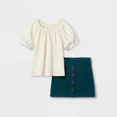 Toddler Girls' 2pc Eyelet Corduroy Short Sleeve Top & Skirt Set - art class™ Cream/Teal 18M