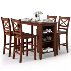 Costway 5PCS Counter Height Pub Dining Table Set w/ Storage Shelves&4 Bar Chairs
