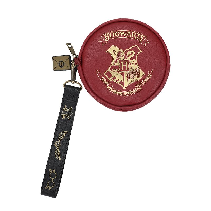 Harry Potter Gold Foil Hogwarts Crest Round Burgundy Coin Purse, 1 of 7