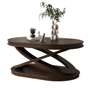 44" Oval Wood Coffee Table with X-Shaped Base, MDF & Solid Wood Veneer Top, Open Storage, Vintage Rustic Sofa Center Table - 1 of 4