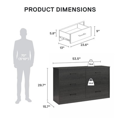Black Oak Wide 6 Drawer Horizontal Dresser