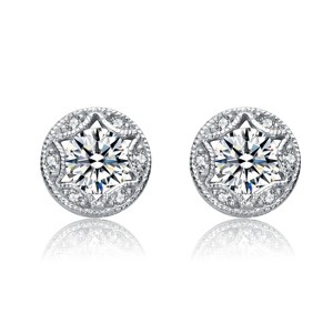 Guili Circle Glow Classic Rhodium Plated Sterling Silver Round Stud Earrings with clear Cubic Zirconia stones for everyday timeless sparkle - 1 of 4