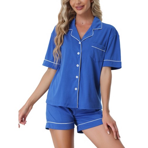 Cheibear Women's Button Down Pajamas Set With Shorts Bright Blue Medium ...