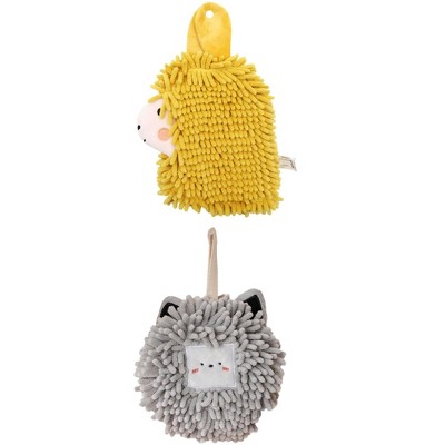 REGALWOVEN Absorbent Soft Chenille Cartoon Alpaca Fuzzy Ball Bathroom Hanging Hand Towels 7" x 7"/7" x 11" 2 Pcs