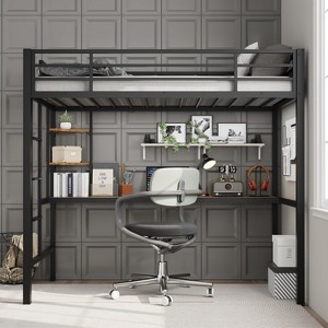 Acekool Twin Size Metal Loft Bed with Desk and Storage Shelves, Guardrail & Ladder, Space-Saving Bed for Kids Teens Adults, White/Black - 1 of 4