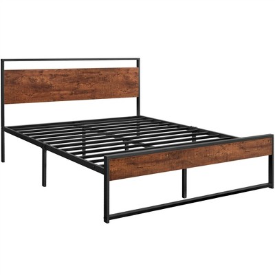 Yaheetech Industrial Metal Platform Bed With Wooden Headboard And ...