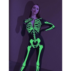Clotth Women's Costume - Print Long Sleeve Jumpsuit, , Glow in the Dark, Halloween Party Dress, Black - 1 of 4